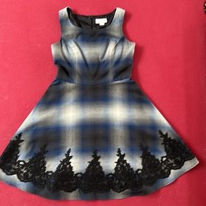 Jessica Simpson Plaid Lace Trim Fit and Flare Dress: Black and Blue